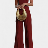 Pilarica Conjunto Plisado con Top Asimétrico Halter y Pantalón Fluido