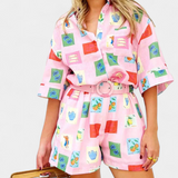 Mariluz Conjunto de Camisa y Shorts con Estampado Rosa