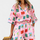 Mariluz Conjunto de Camisa y Shorts con Estampado Rosa