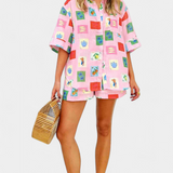 Mariluz Conjunto de Camisa y Shorts con Estampado Rosa
