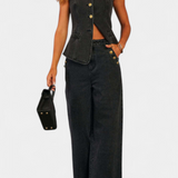 Ludovica Conjunto de Denim con Chaleco Ajustado y Jeans de Pierna Ancha