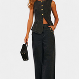 Ludovica Conjunto de Denim con Chaleco Ajustado y Jeans de Pierna Ancha