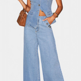 Ludovica Conjunto de Denim con Chaleco Ajustado y Jeans de Pierna Ancha