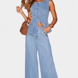 Ludovica Conjunto de Denim con Chaleco Ajustado y Jeans de Pierna Ancha