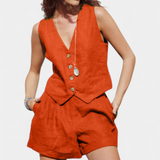 Jennifer Conjunto Chaleco y Pantalones Cortos de Lino Algodón