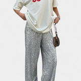 Elva Pantalones de Lentejuelas de Cintura Alta y Corte Holgado