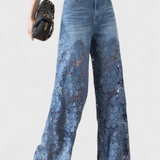 Jasiel Pantalón Palazzo de Encaje Denim con Bordado Floral