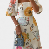 Kacey Vestido Midi de Algodón con Estampado Floral y Manga Abullonada