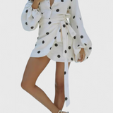 Romara Vestido Mini de Lunares con Manga Larga y Cintura Entallada