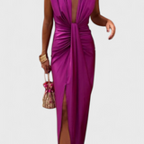 Lakisha Vestido Midi Fruncido con Escote Profundo