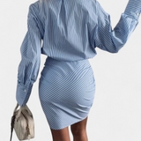 Cynthia Vestido Camisero Mini a Rayas con Pliegues y Botones