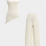 Pilarica Conjunto Plisado con Top Asimétrico Halter y Pantalón Fluido