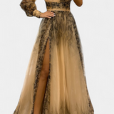 Becca Vestido Maxi de Chiffón con Hombro Descubierto y Flor Voluminosa