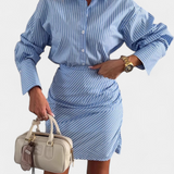 Cynthia Vestido Camisero Mini a Rayas con Pliegues y Botones