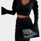 Minerva Conjunto Elegante de Top con Encaje y Falda de Cintura Alta