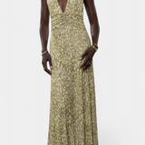 Melodía Vestido Maxi de Lunares con Escote Halter y Cintura Fruncida