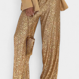 Elva Pantalones de Lentejuelas de Cintura Alta y Corte Holgado