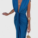 Lakisha Vestido Midi Fruncido con Escote Profundo