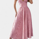 Gilda Vestido Midi Jacquard con Espalda Abierta y Cintura Alta