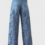 Jasiel Pantalón Palazzo de Encaje Denim con Bordado Floral