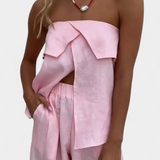 Oriana Conjunto Strapless con Falda de Abertura en Color Liso